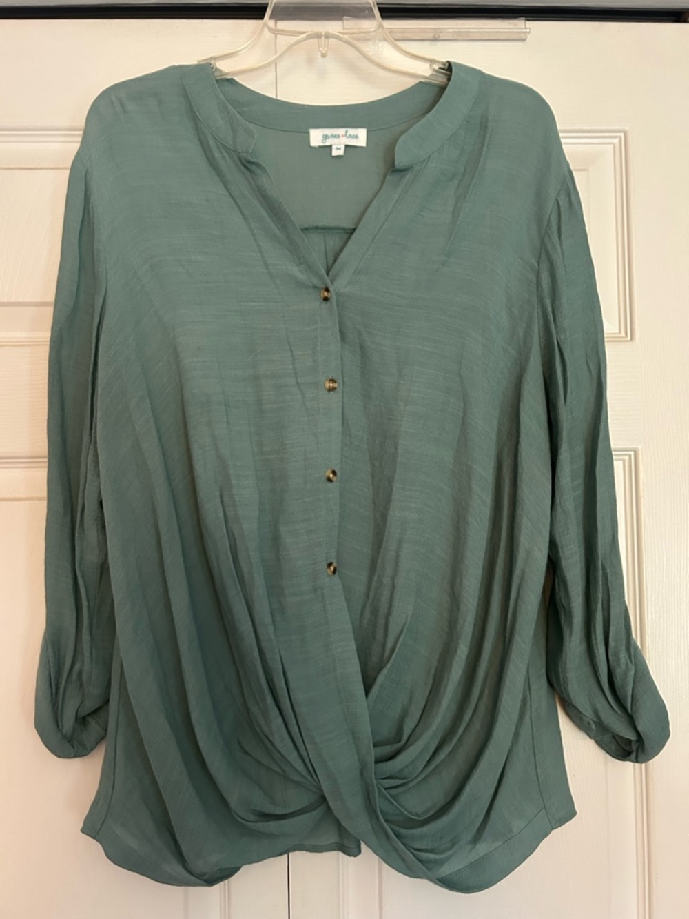 Grace & Lace Sage Green Draped Button-Front Blouse